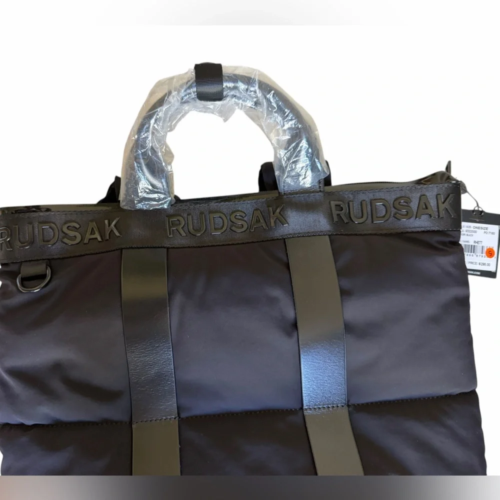 RUDSAK Black Quilted Puffer Logo Strap Backpack Minimalist Heirloom Luxury NWT